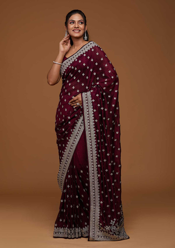 Wine Silver Zariwork Raw Silk Saree-Koskii