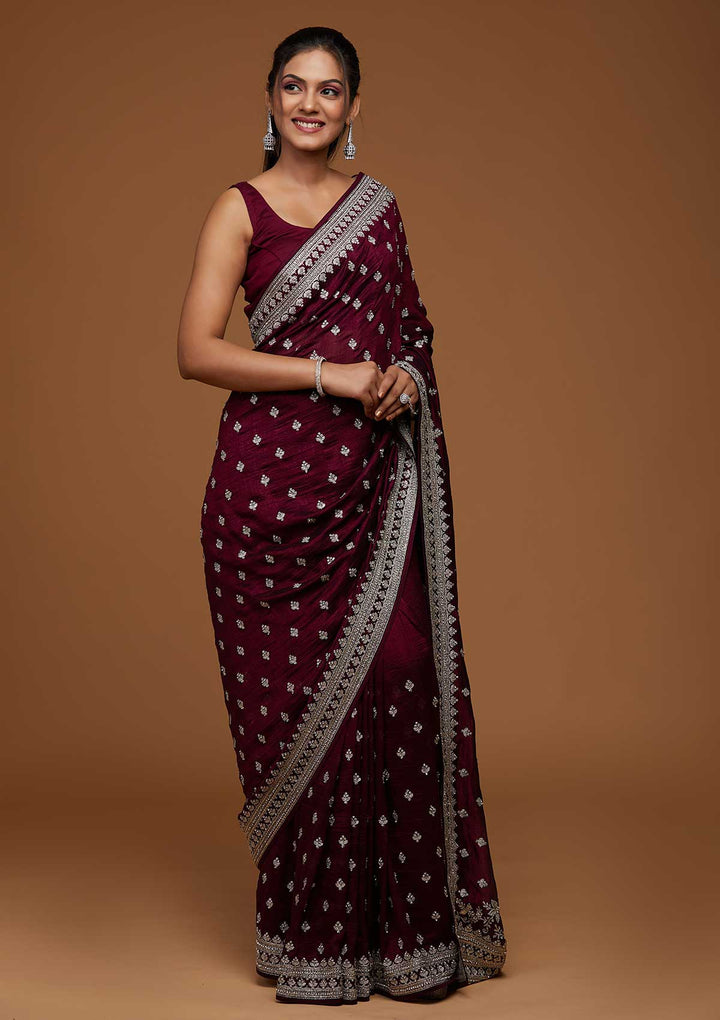 Wine Silver Zariwork Raw Silk Saree-Koskii