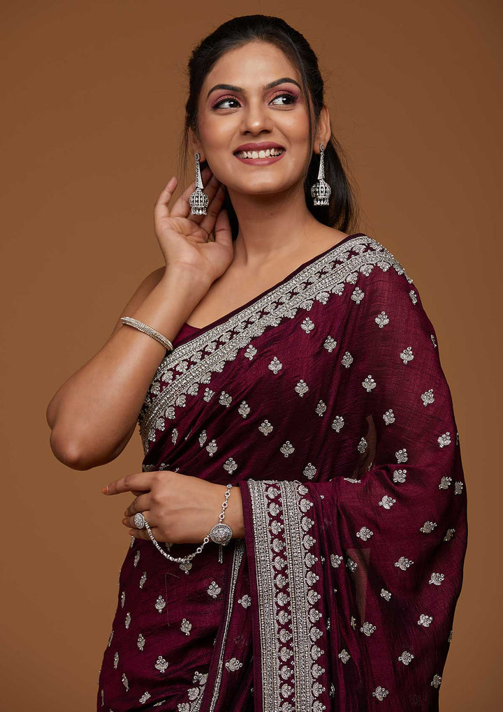 Wine Silver Zariwork Raw Silk Saree-Koskii