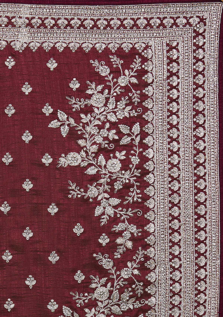 Wine Silver Zariwork Raw Silk Saree-Koskii