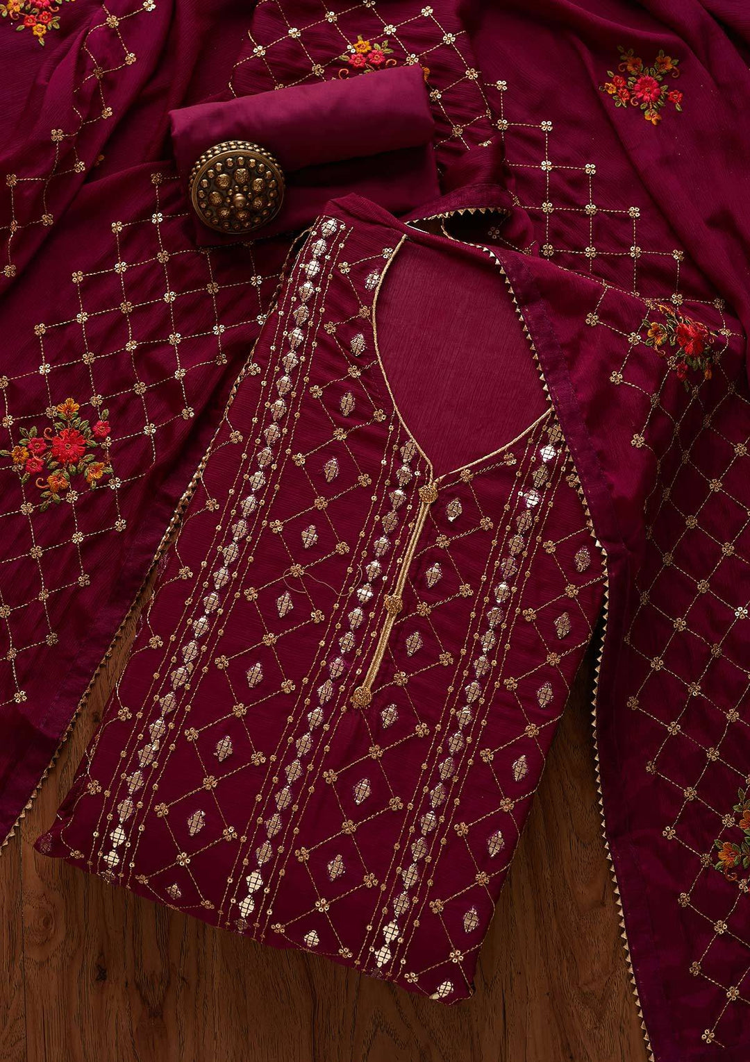 Wine Sequins Chanderi Designer Unstitched Salwar Suit - Koskii