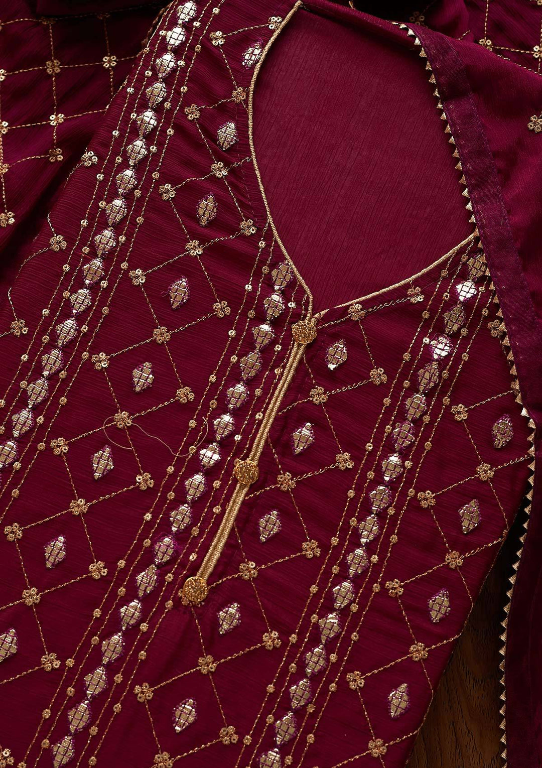 Wine Sequins Chanderi Designer Unstitched Salwar Suit - Koskii