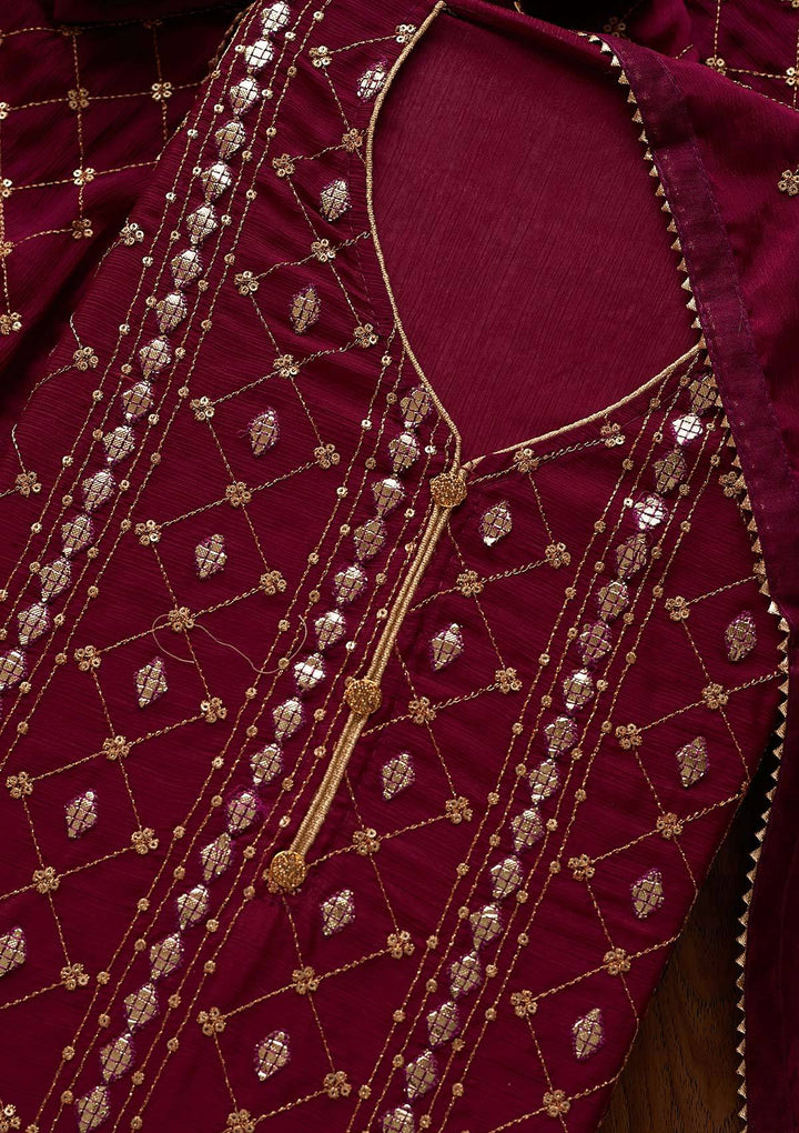 Wine Sequins Chanderi Designer Unstitched Salwar Suit - Koskii