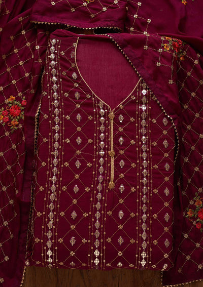 Wine Sequins Chanderi Designer Unstitched Salwar Suit - Koskii