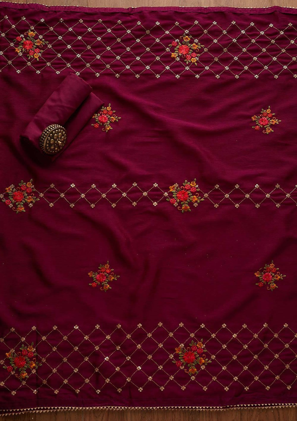 Wine Sequins Chanderi Designer Unstitched Salwar Suit - Koskii