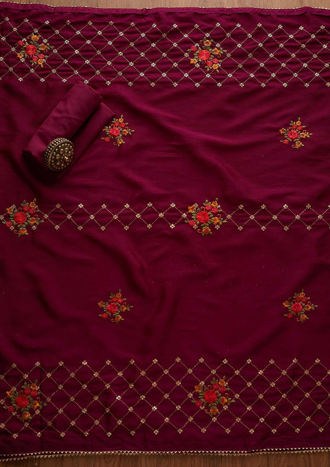 Wine Sequins Chanderi Designer Unstitched Salwar Suit - Koskii