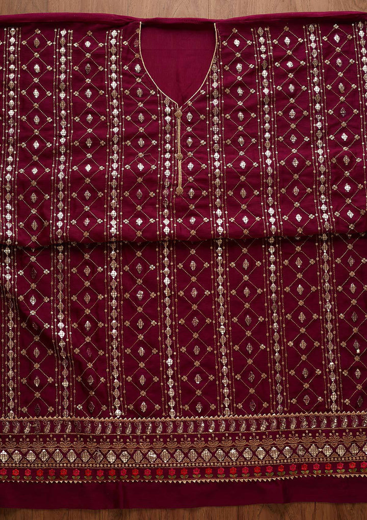 Wine Sequins Chanderi Designer Unstitched Salwar Suit - Koskii
