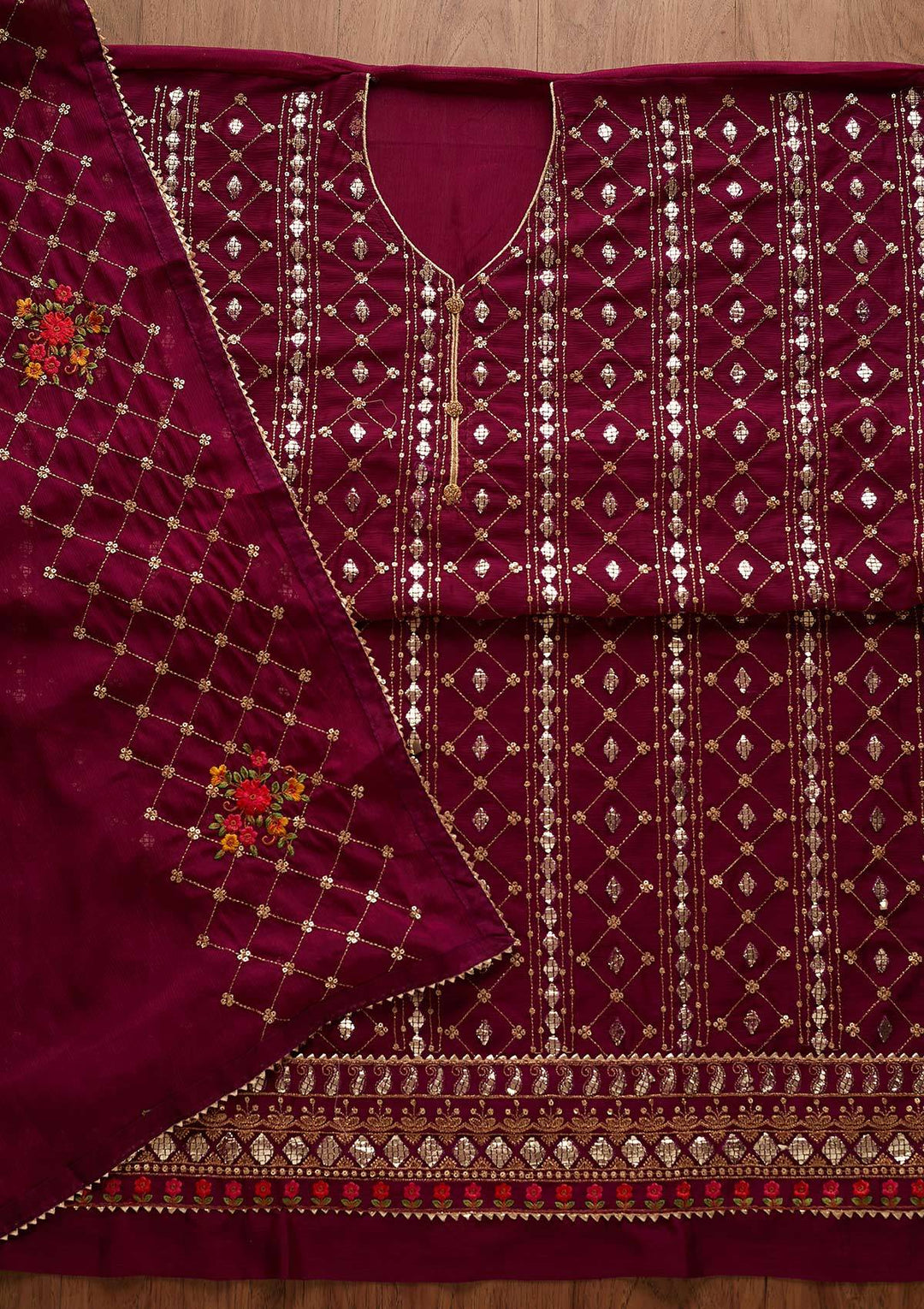 Wine Sequins Chanderi Designer Unstitched Salwar Suit - Koskii