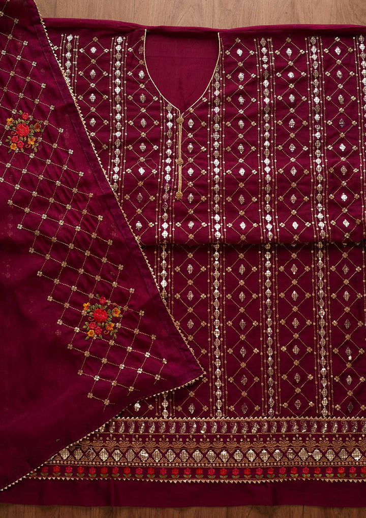 Wine Sequins Chanderi Designer Unstitched Salwar Suit - Koskii
