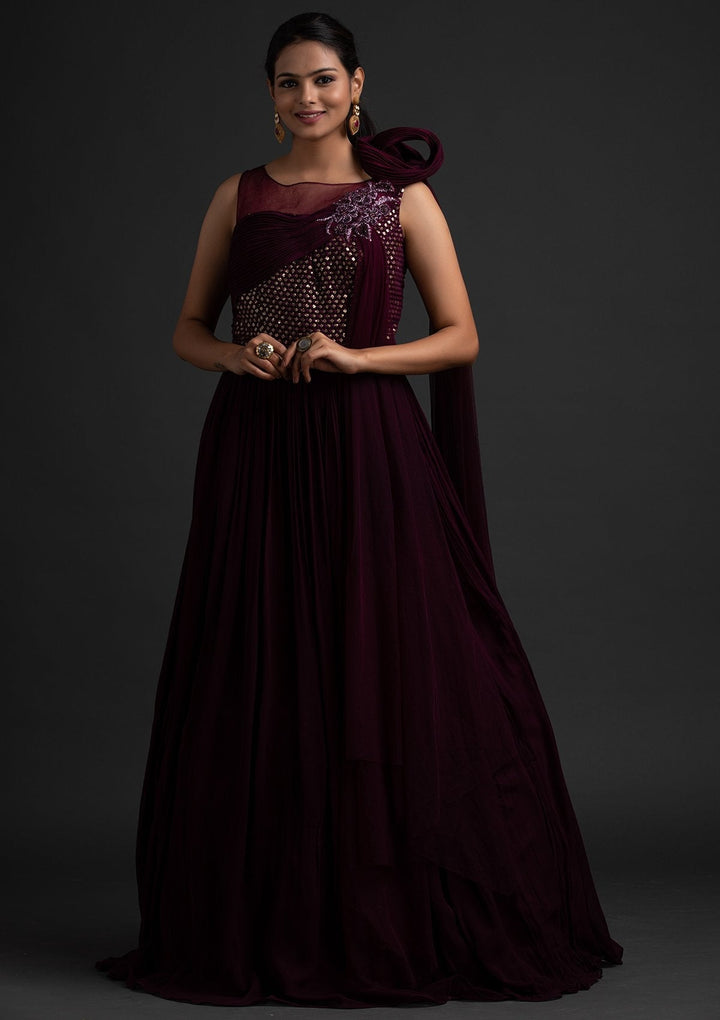 Wine Sequins Georgette Designer Gown - koskii