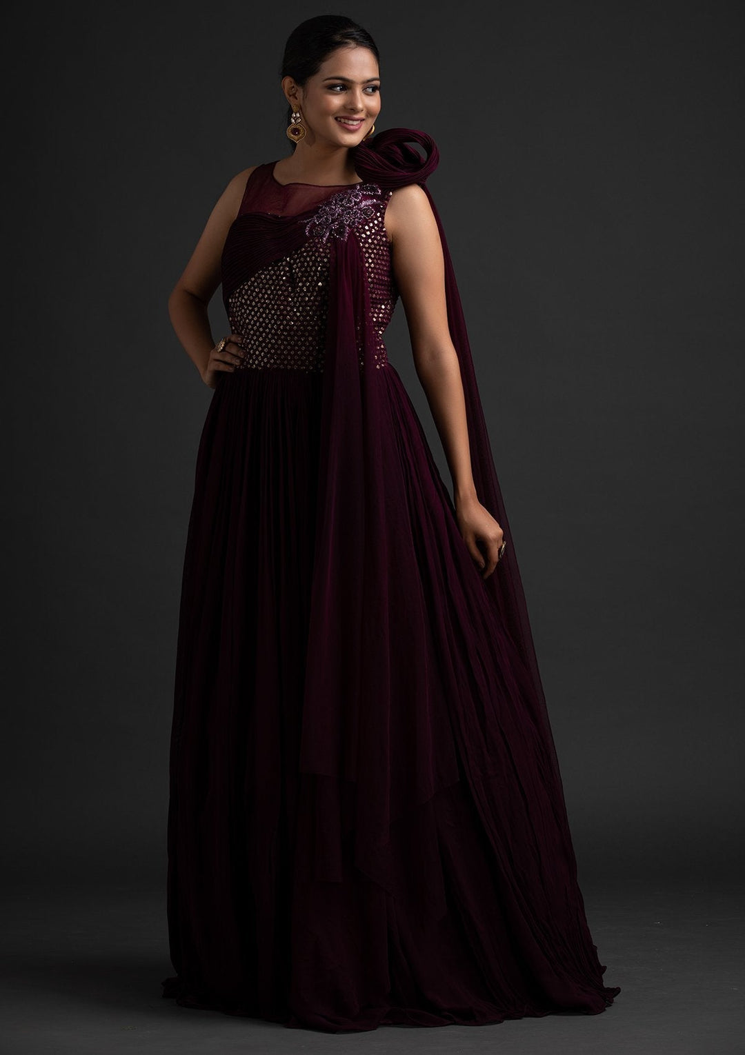 Wine Sequins Georgette Designer Gown - koskii