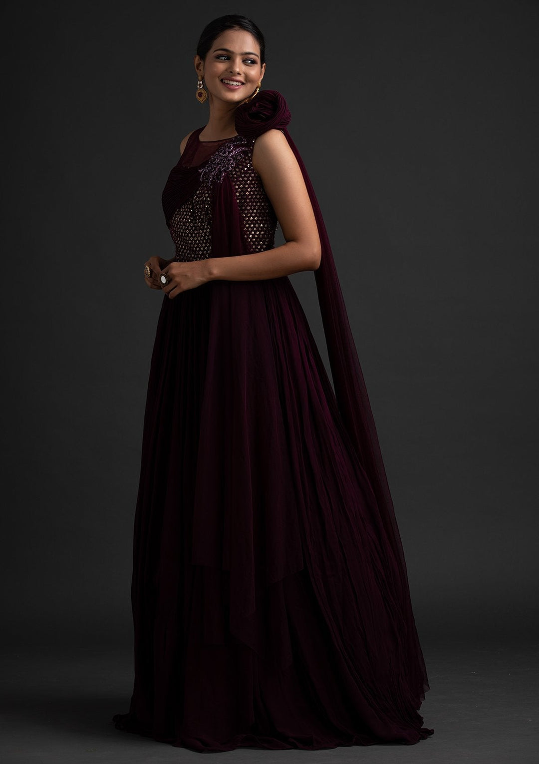 Wine Sequins Georgette Designer Gown - koskii