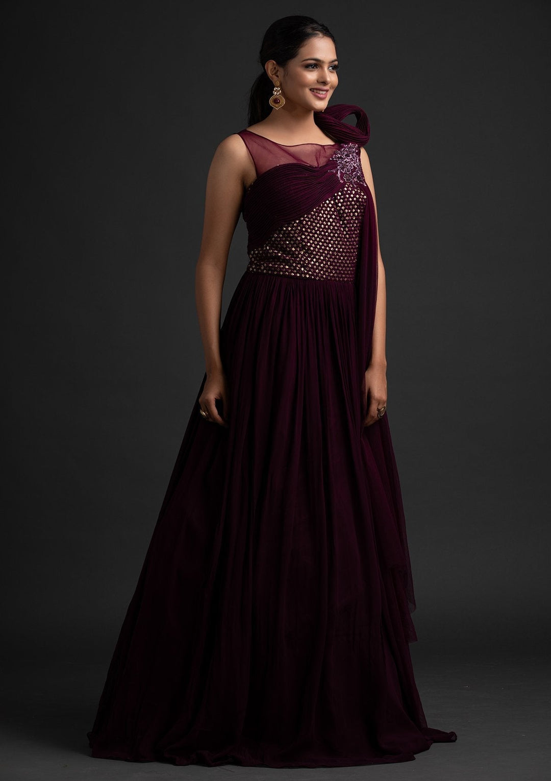 Wine Sequins Georgette Designer Gown - koskii