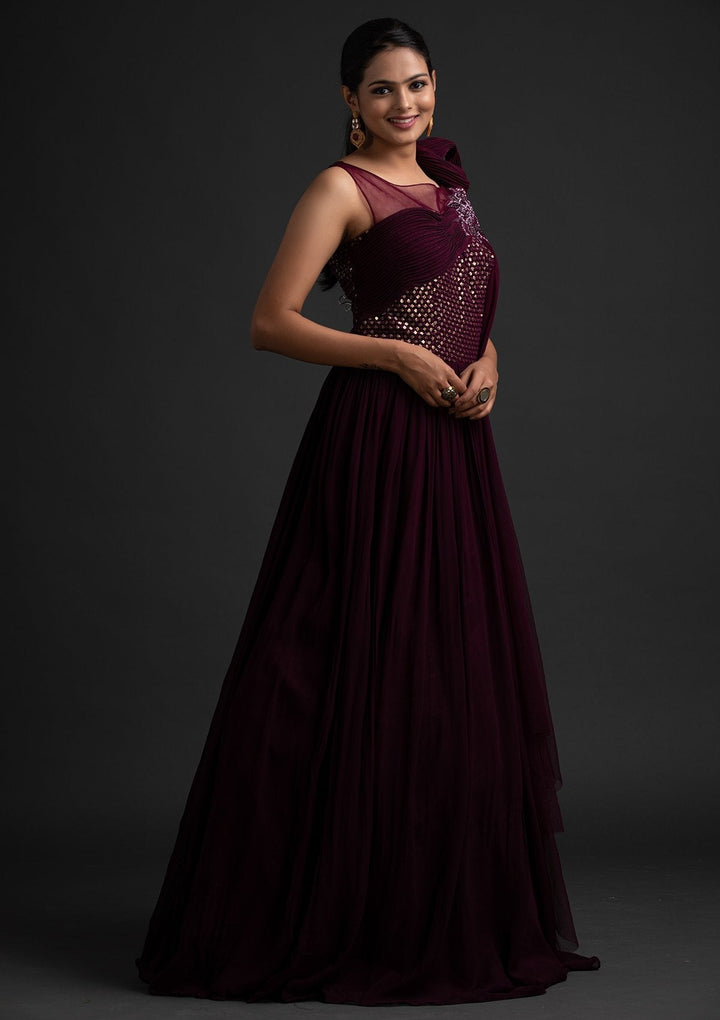 Wine Sequins Georgette Designer Gown - koskii