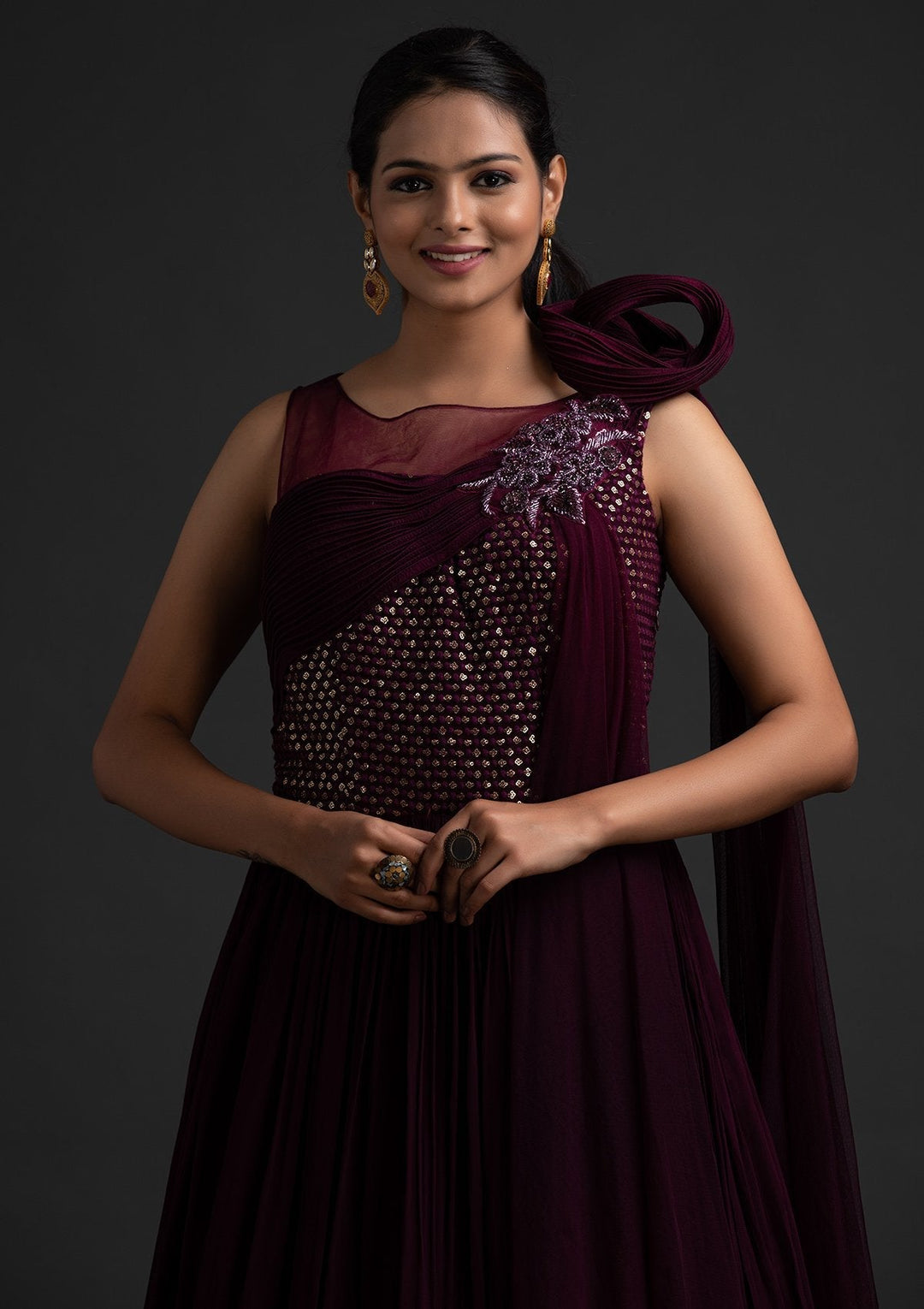 Wine Sequins Georgette Designer Gown - koskii