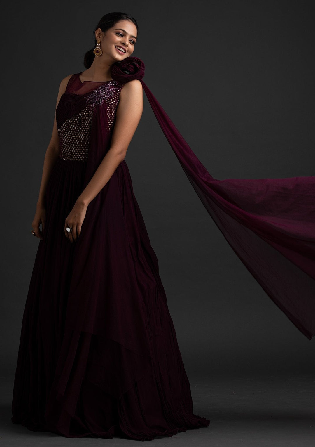 Wine Sequins Georgette Designer Gown - koskii