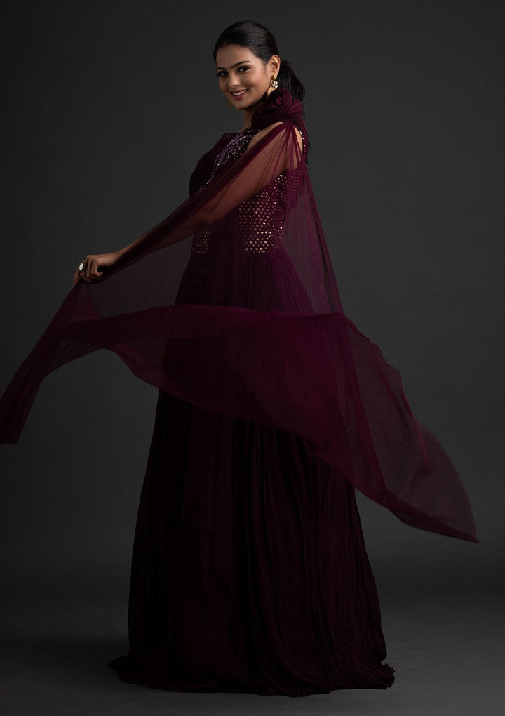 Wine Sequins Georgette Designer Gown - koskii