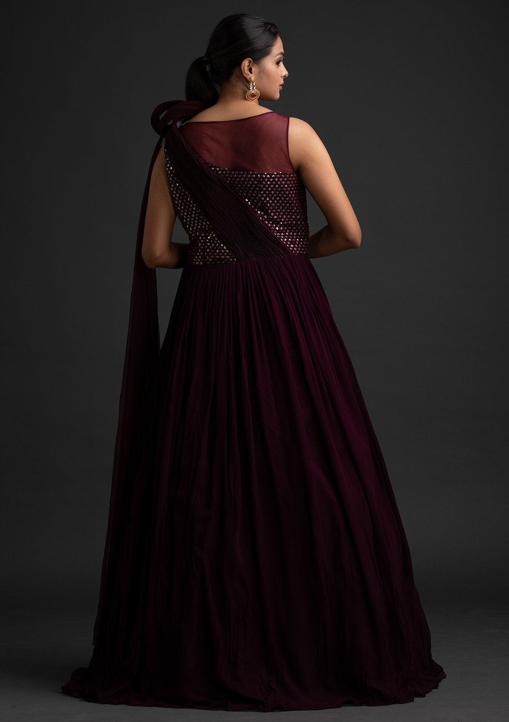 Wine Sequins Georgette Designer Gown - koskii