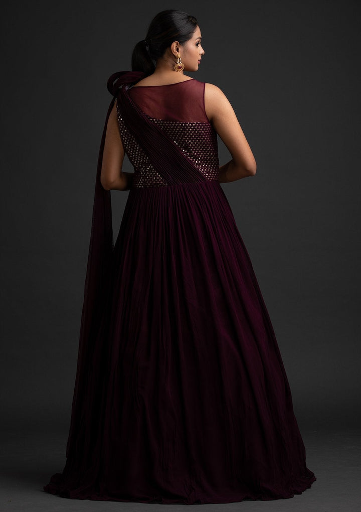 Wine Sequins Georgette Designer Gown - koskii