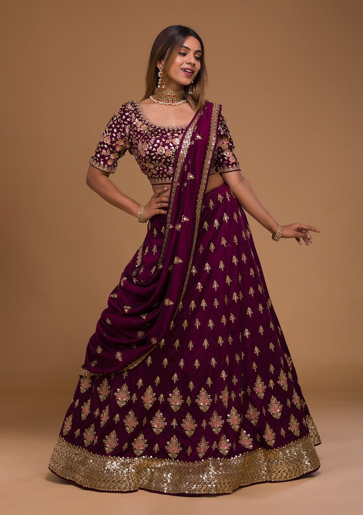 Wine Sequins Georgette Designer Lehenga-Koskii