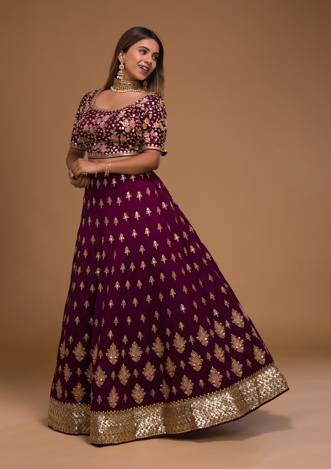 Wine Sequins Georgette Designer Lehenga-Koskii