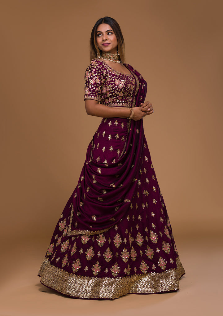 Wine Sequins Georgette Designer Lehenga-Koskii
