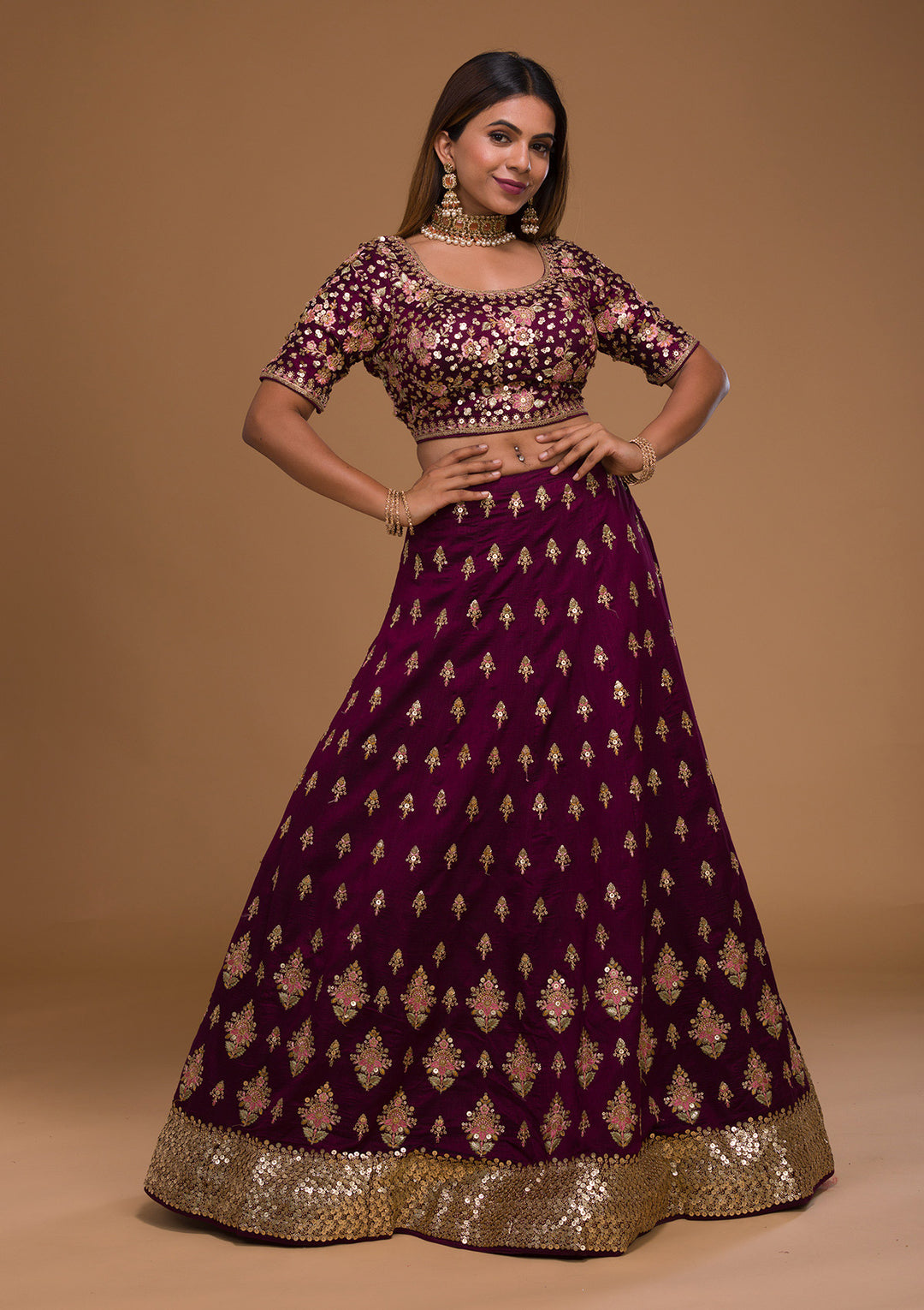 Wine Sequins Georgette Designer Lehenga-Koskii