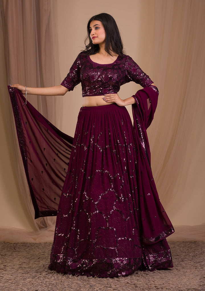 Wine Sequins Georgette Readymade Lehenga-Koskii