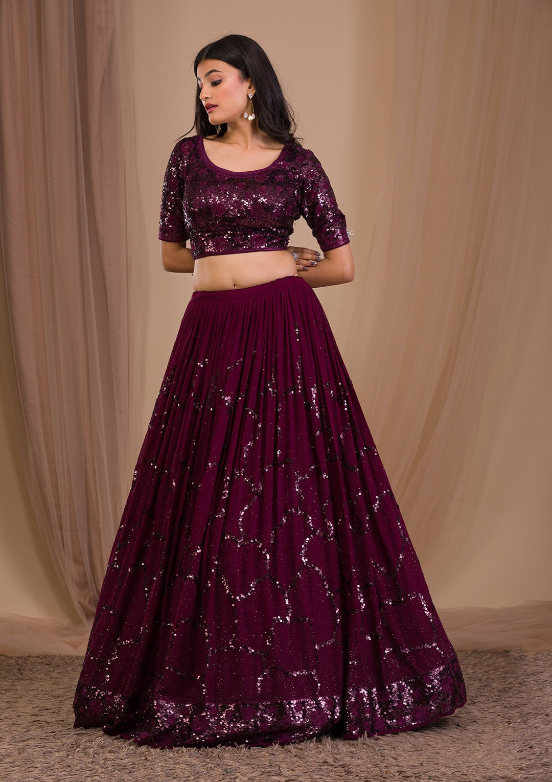 Wine Sequins Georgette Readymade Lehenga-Koskii