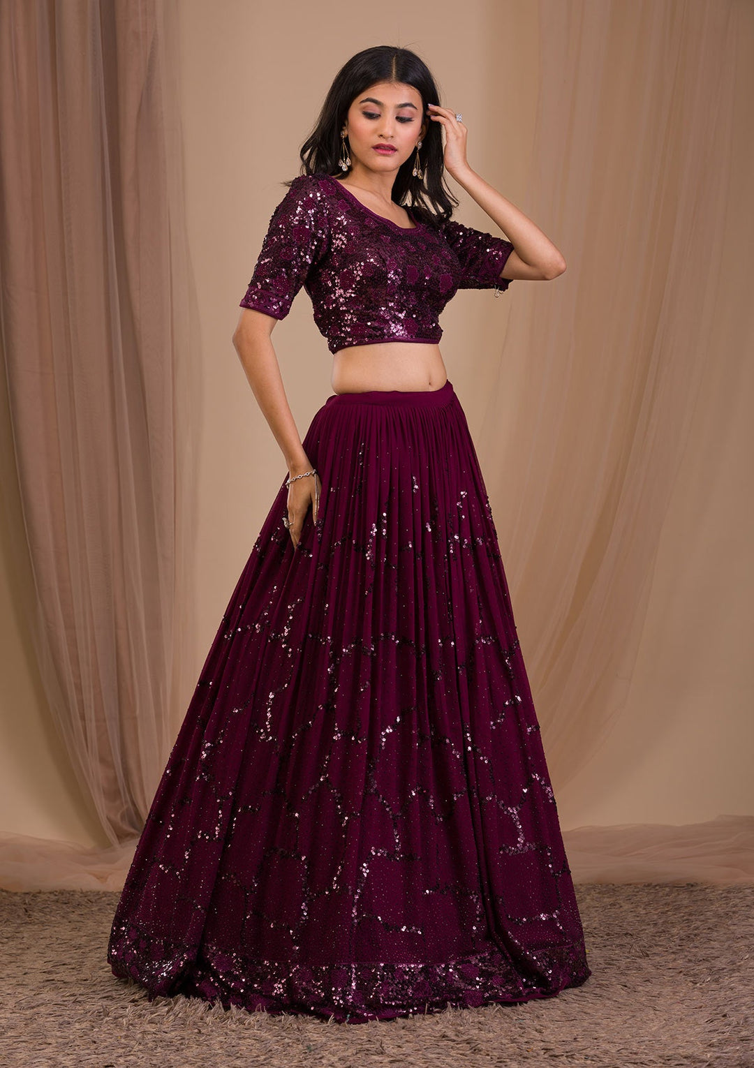 Wine Sequins Georgette Readymade Lehenga-Koskii