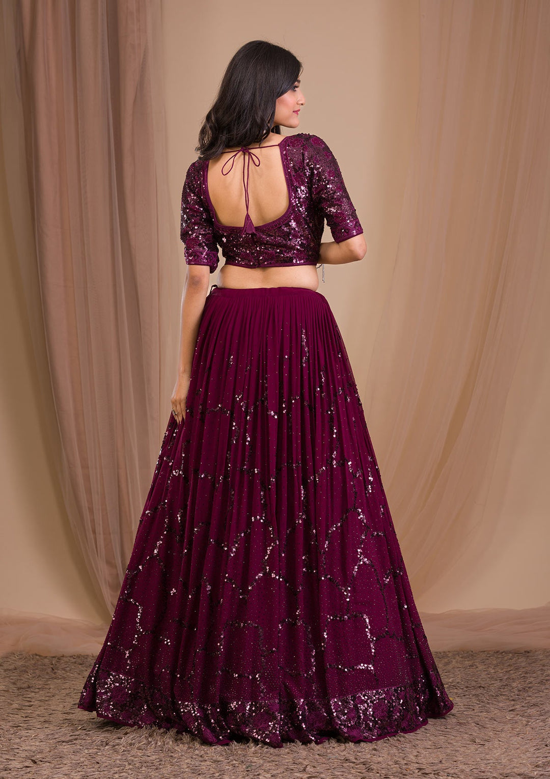 Wine Sequins Georgette Readymade Lehenga-Koskii