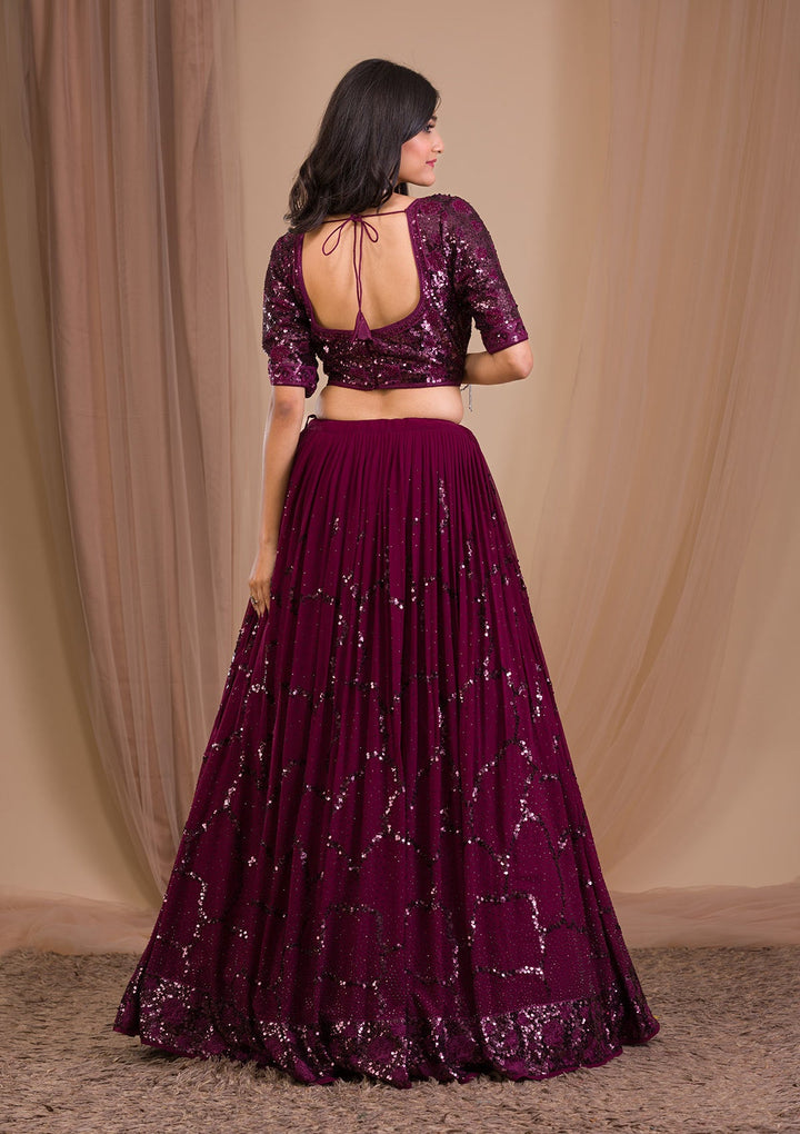 Wine Sequins Georgette Readymade Lehenga-Koskii