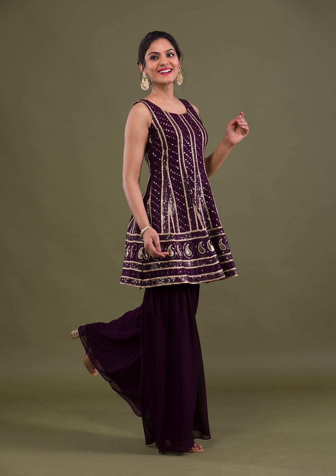 Wine Sequins Georgette Readymade Salwar Suit-Koskii