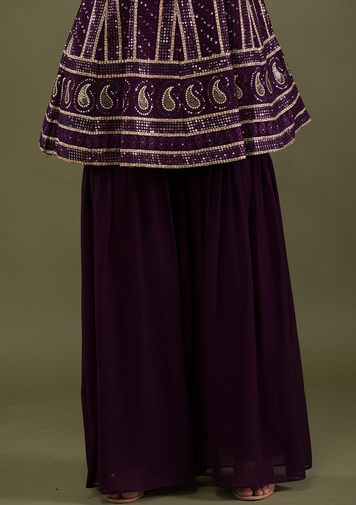 Wine Sequins Georgette Readymade Salwar Suit-Koskii