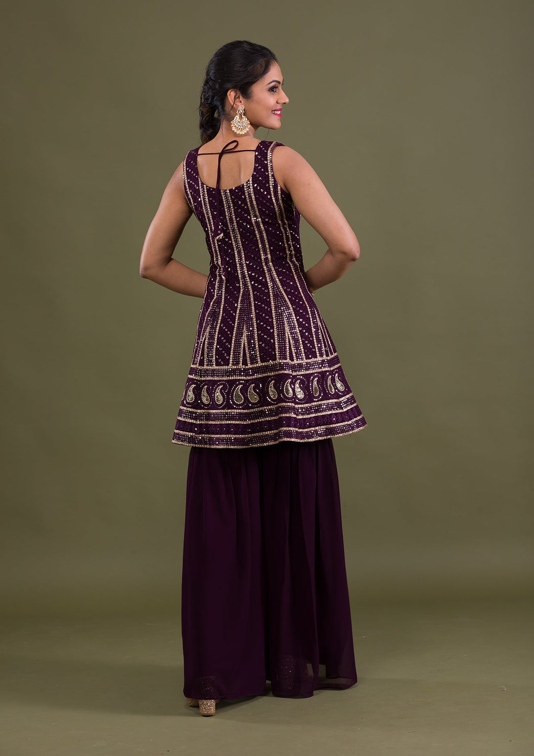 Wine Sequins Georgette Readymade Salwar Suit-Koskii