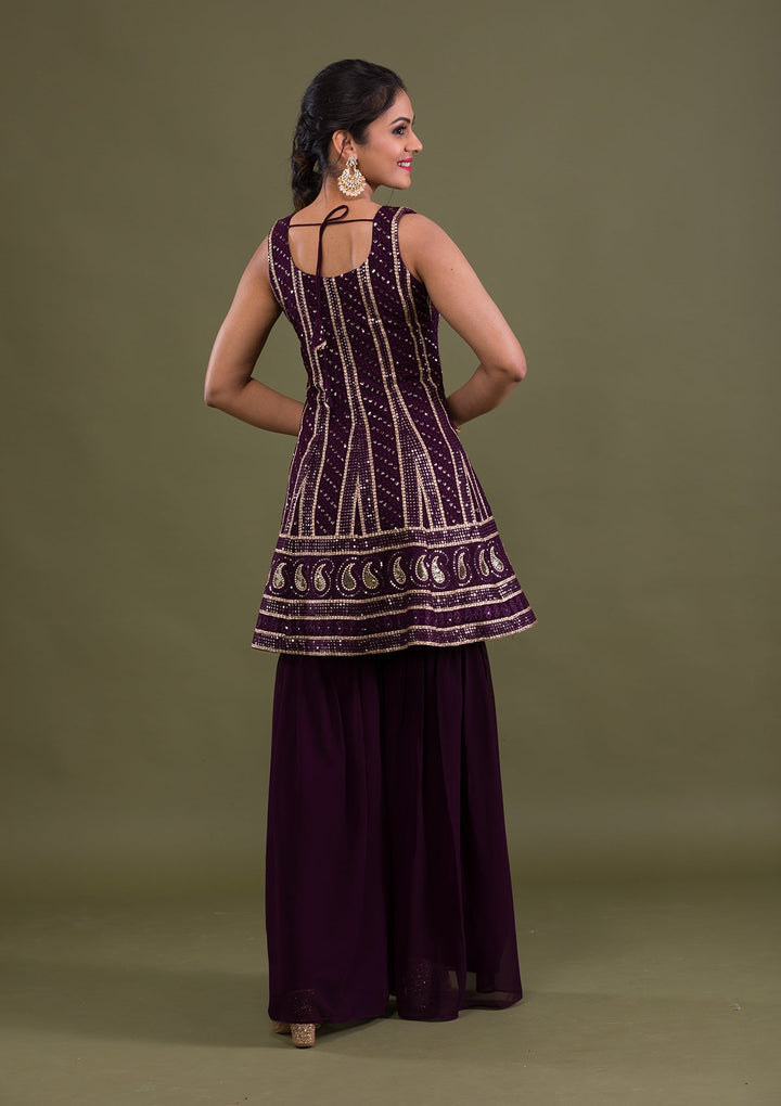 Wine Sequins Georgette Readymade Salwar Suit-Koskii
