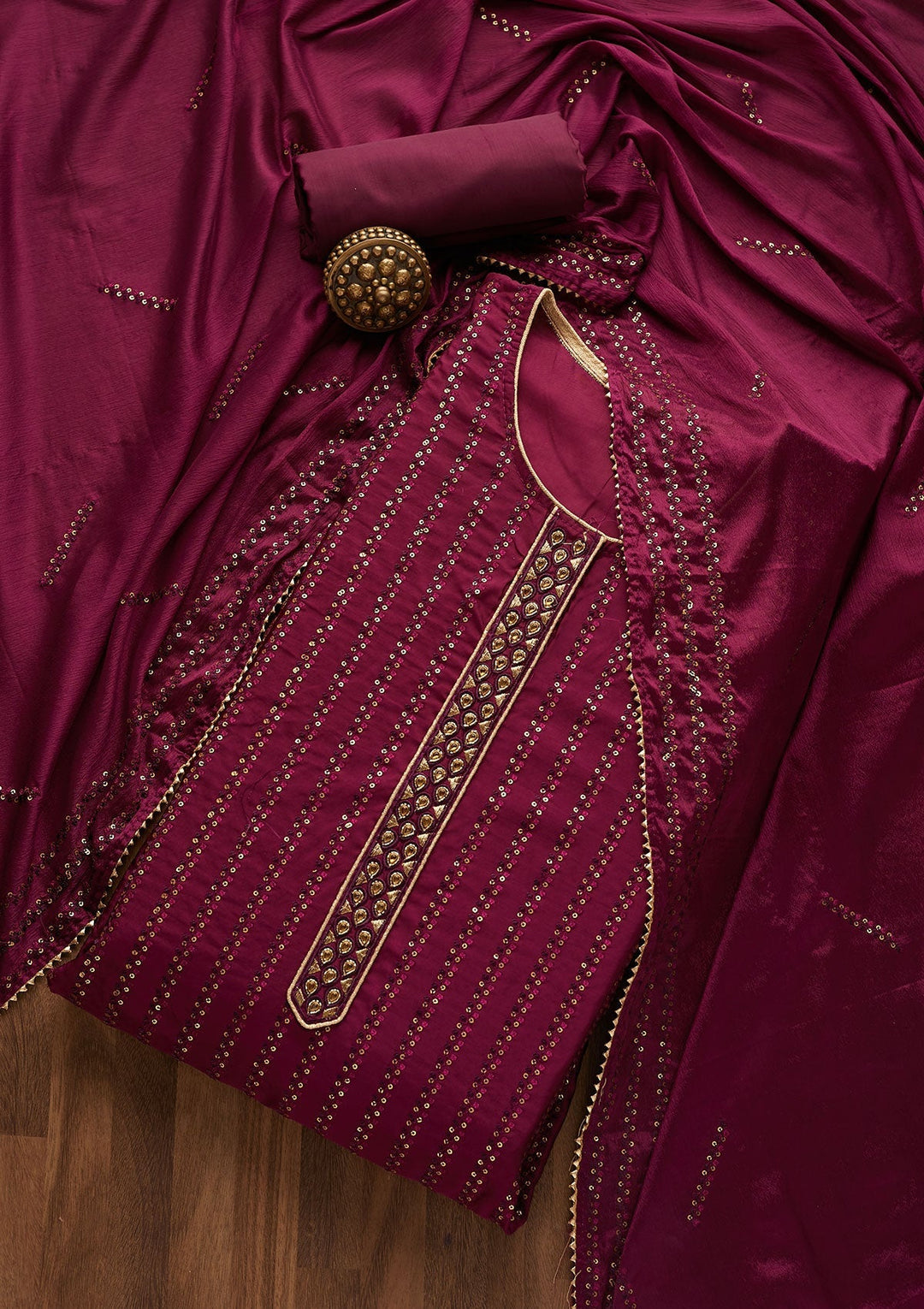 Wine Sequins Georgette Designer Semi-Stitched Salwar Suit - Koskii