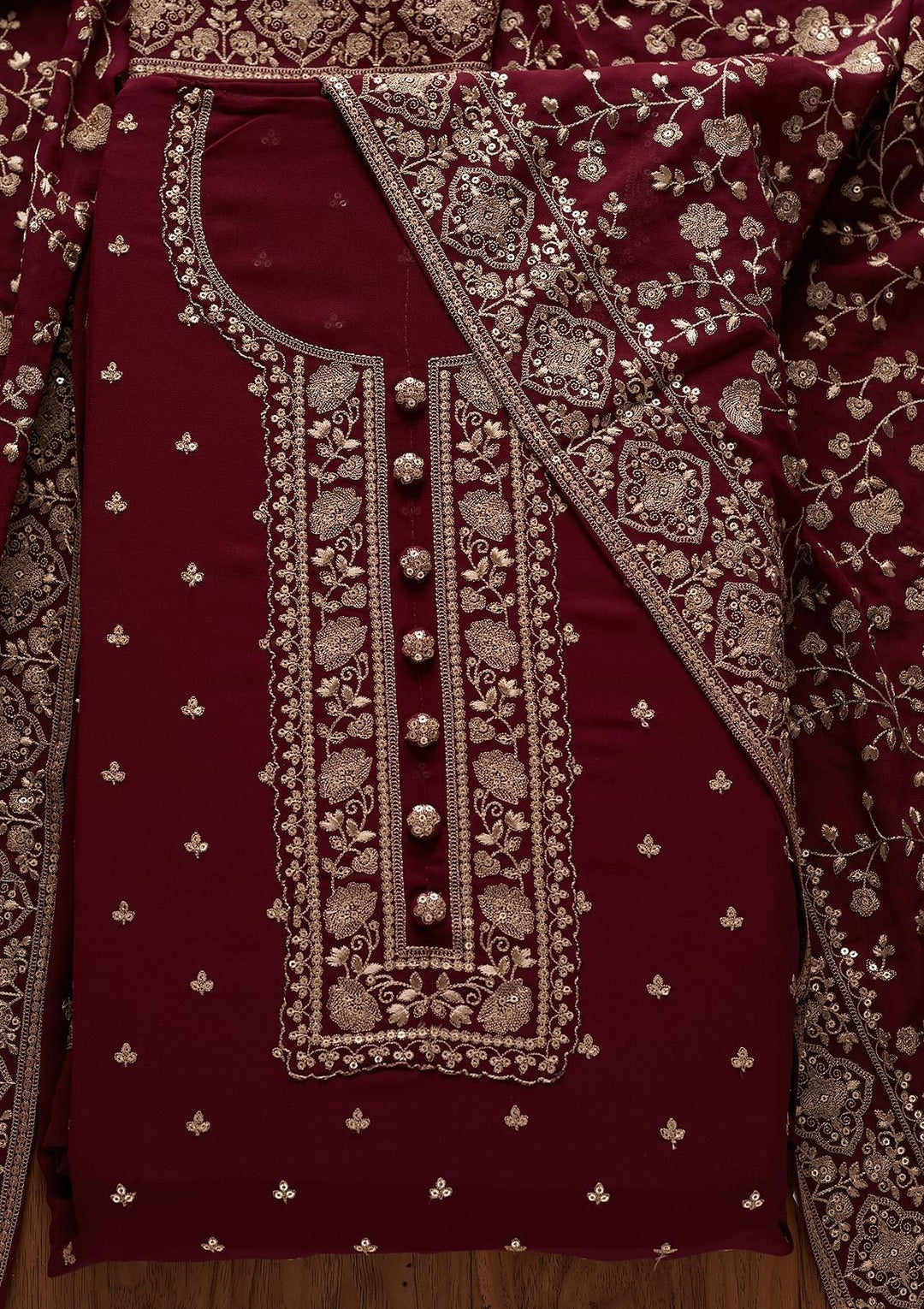 Wine Sequins Georgette Designer Unstitched Salwar Suit - koskii