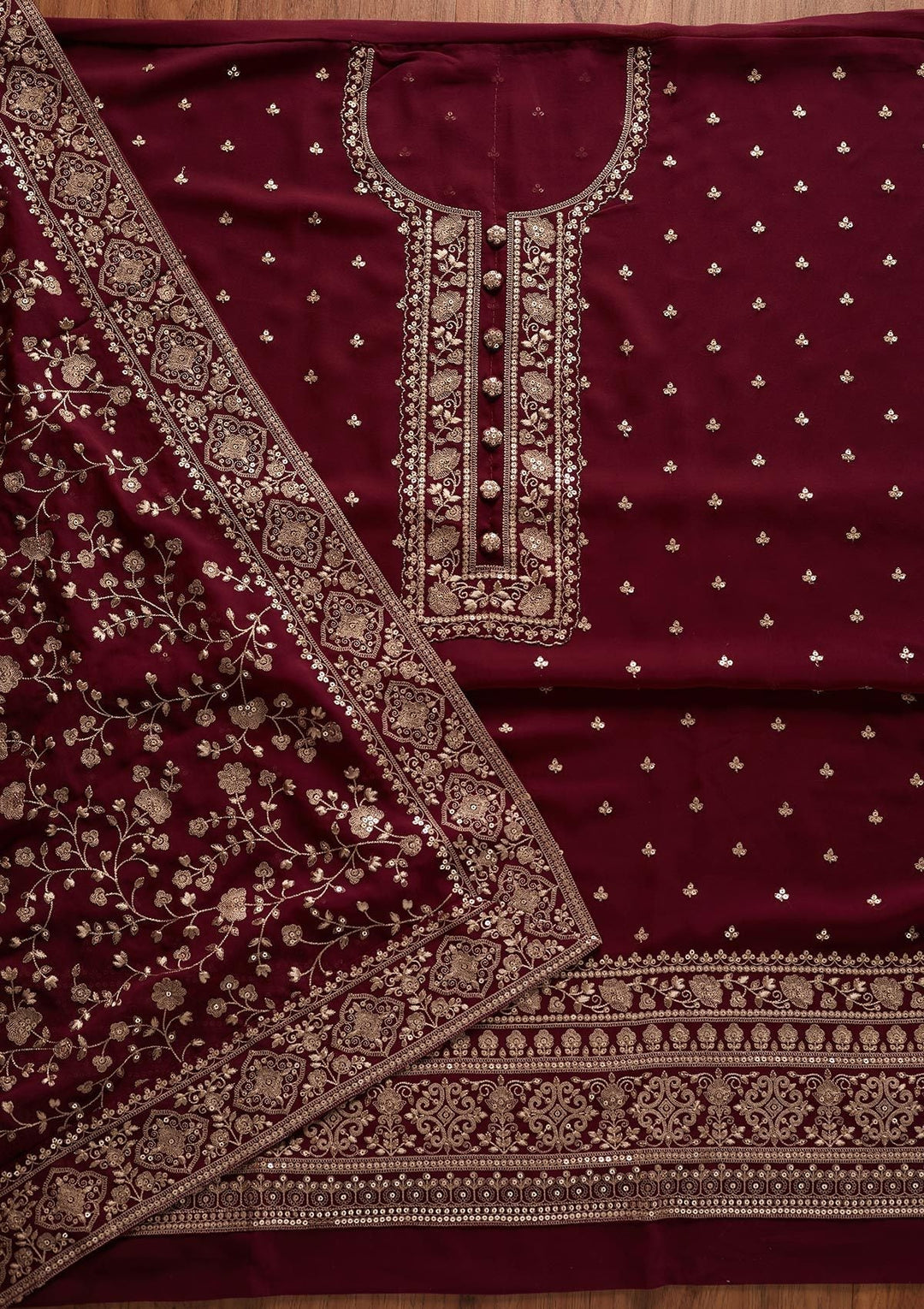 Wine Sequins Georgette Designer Unstitched Salwar Suit - koskii