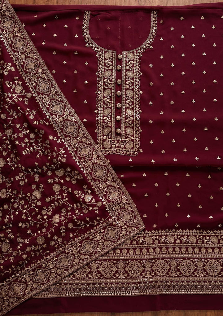 Wine Sequins Georgette Designer Unstitched Salwar Suit - koskii