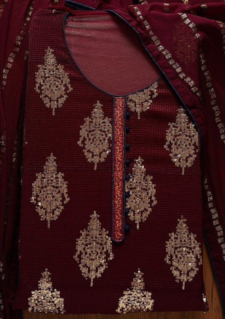 Wine Sequins Georgette Designer Unstitched Salwar Suit - koskii