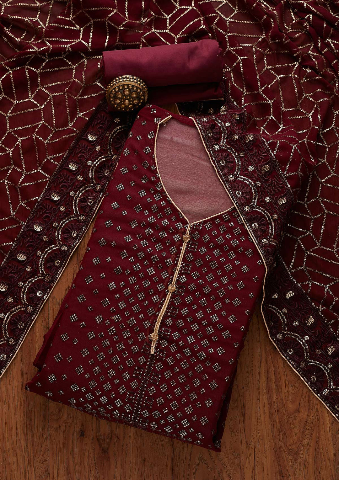 Wine Sequins Georgette Designer Unstitched Salwar Suit - Koskii