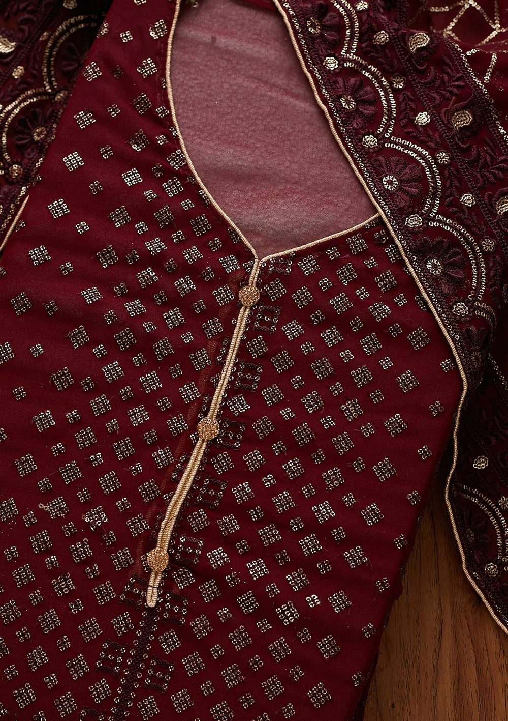 Wine Sequins Georgette Designer Unstitched Salwar Suit - Koskii