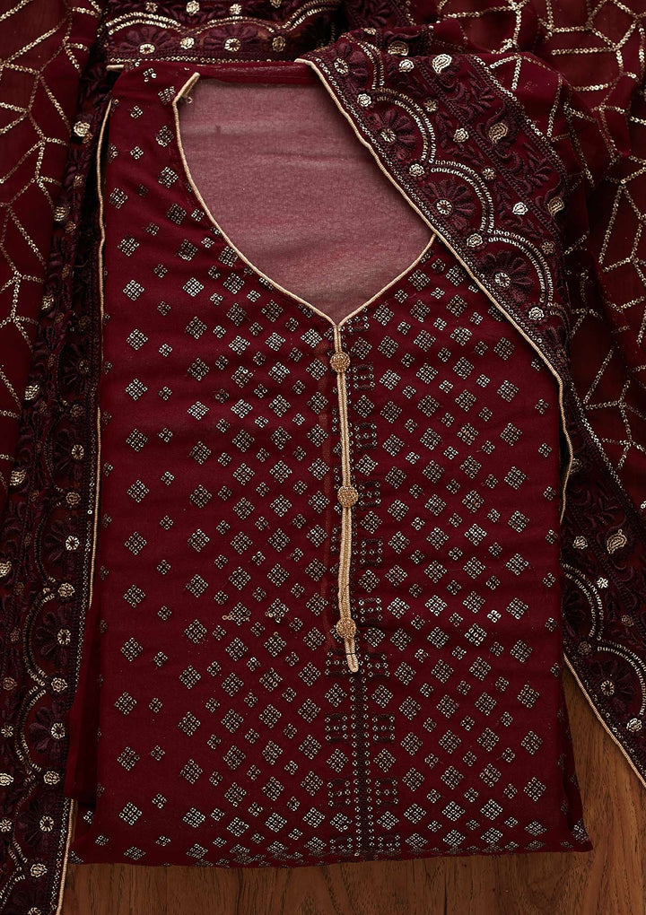 Wine Sequins Georgette Designer Unstitched Salwar Suit - Koskii