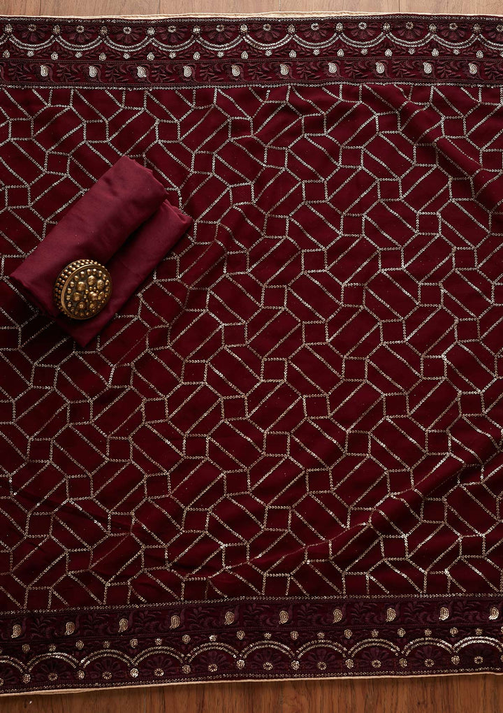 Wine Sequins Georgette Designer Unstitched Salwar Suit - Koskii