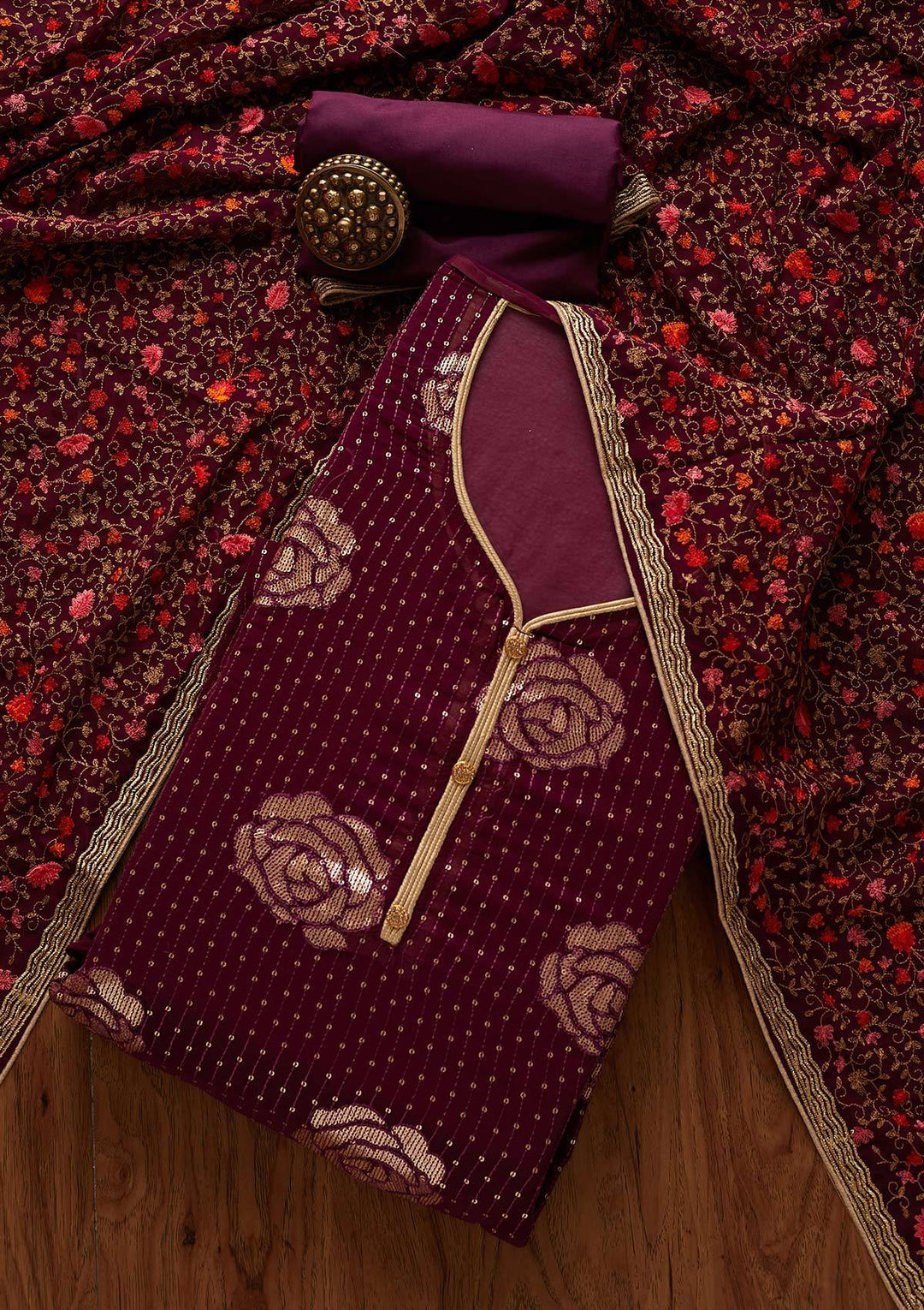 Wine Sequins Georgette Designer Semi-Stitched Salwar Suit - Koskii