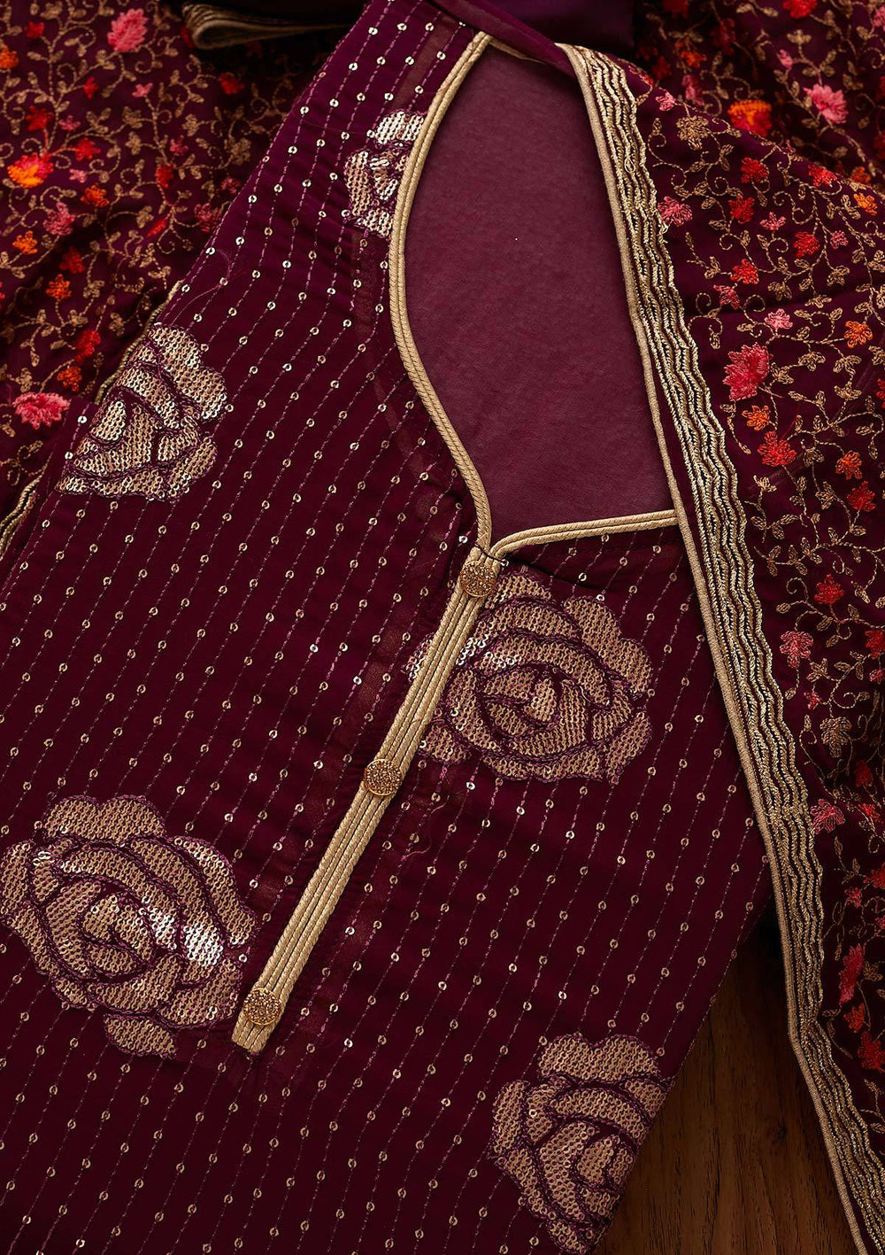 Wine Sequins Georgette Designer Semi-Stitched Salwar Suit - Koskii