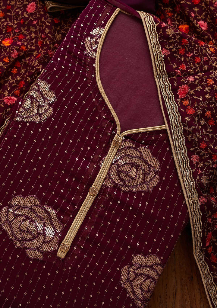 Wine Sequins Georgette Designer Semi-Stitched Salwar Suit - Koskii