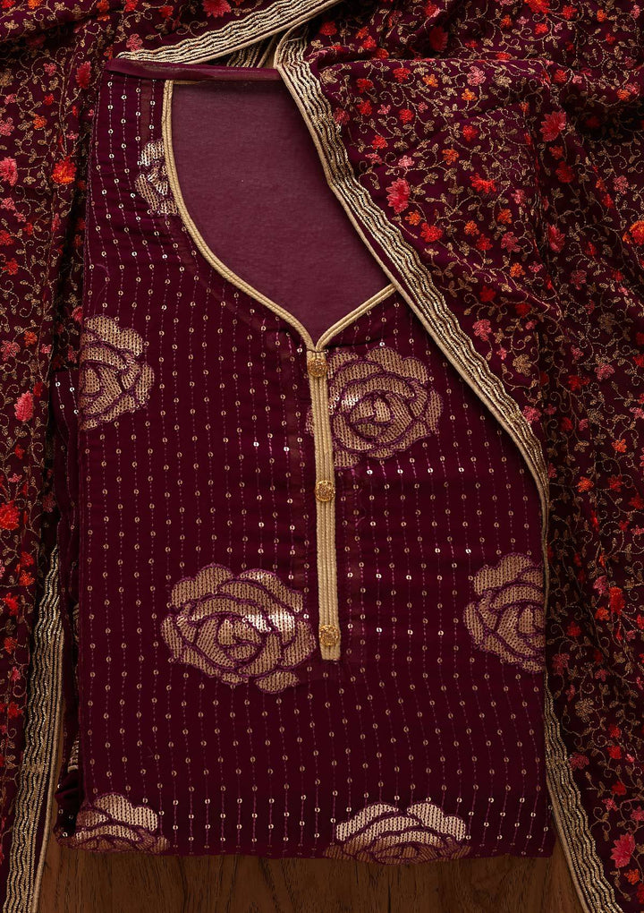 Wine Sequins Georgette Designer Semi-Stitched Salwar Suit - Koskii