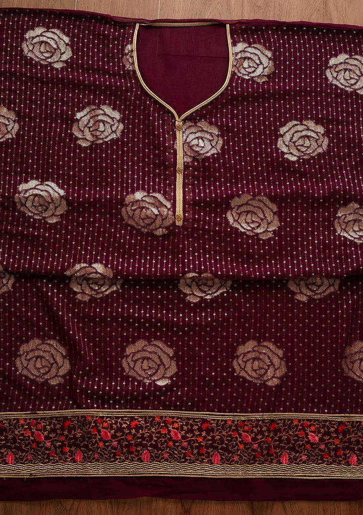 Wine Sequins Georgette Designer Semi-Stitched Salwar Suit - Koskii